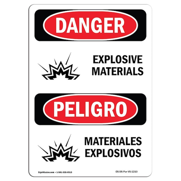Safety Sign, OSHA Danger, 5" Height, Explosive Materials Bilingual Spanish, 10PK